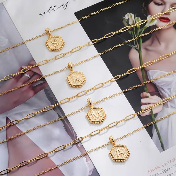 Elegant 18K Gold Layered Initial Necklaces for Women with Hexagon Charm, Perfect - Picture 7 of 7